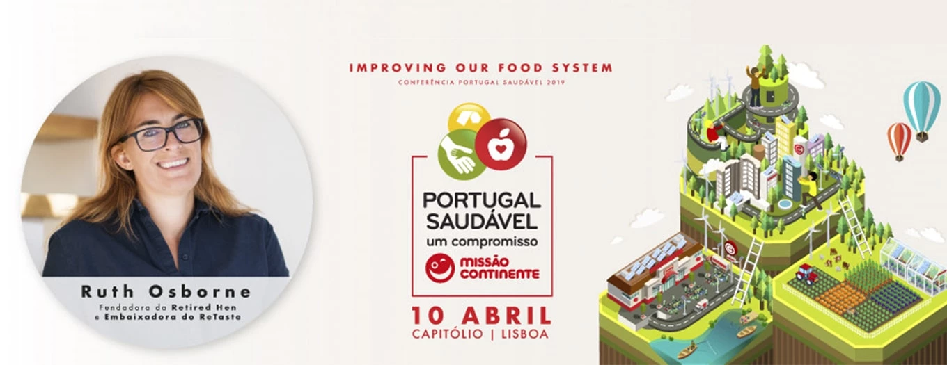 Banner com a fotografia da Ruth Osborne, a ilustração de uma cidade e o logo da iniciativa Portugal Saudável