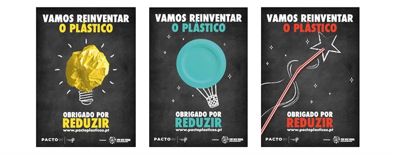 Três Banners Ilustrativos Da Campanha Vamos Reinventar O Plastico com ilustrações de uma lâmpada, um balão de ar quente e uma estrela cadente.