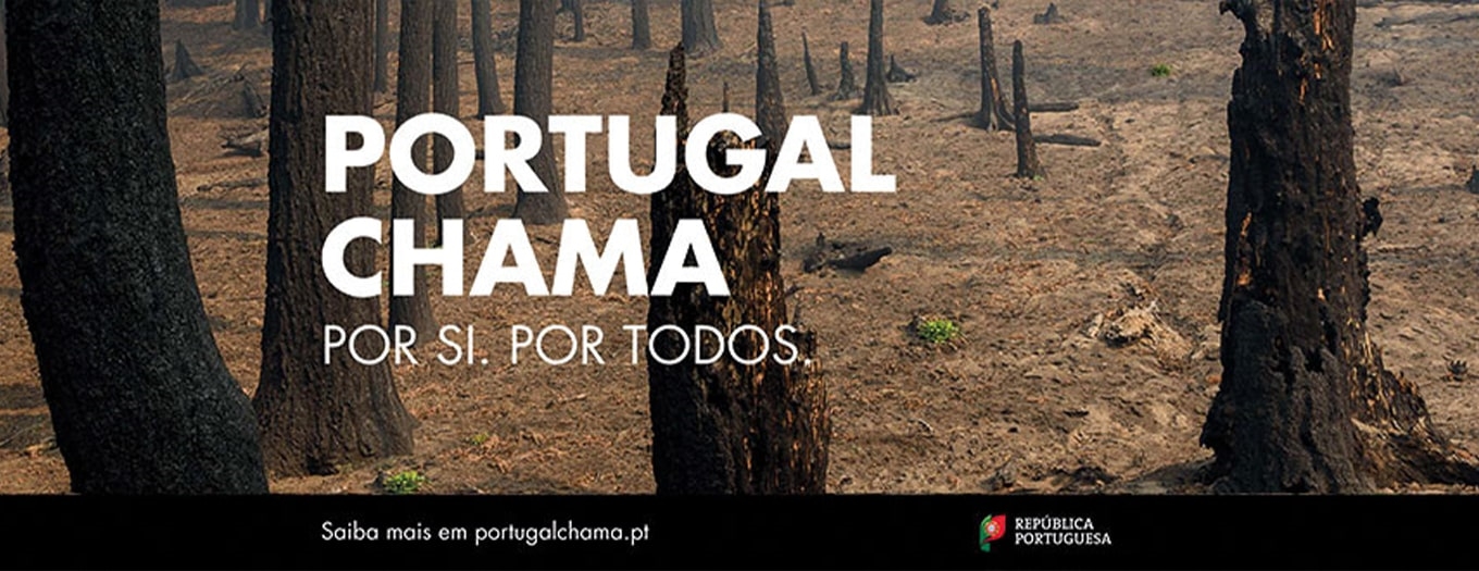 banner com fotografia de floresta queimada como fundo e com a mensagem "Portugal Chama Por si, Por Todos"