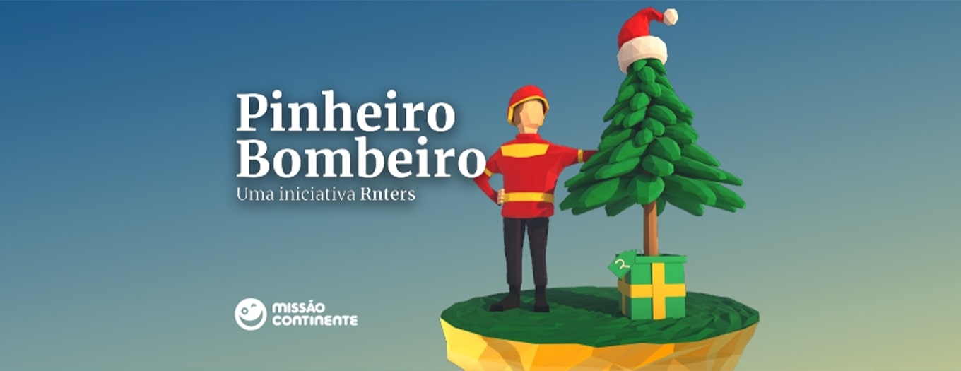Ilustração da campanha Pinheiro Bombeiro com ilustração de bombeiro e pinheiro de natal com chapéu de pai natal no topo do pinheiro
