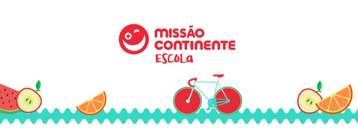 Banner Missão Continente Escola com ilustração de de frutas e bicicleta