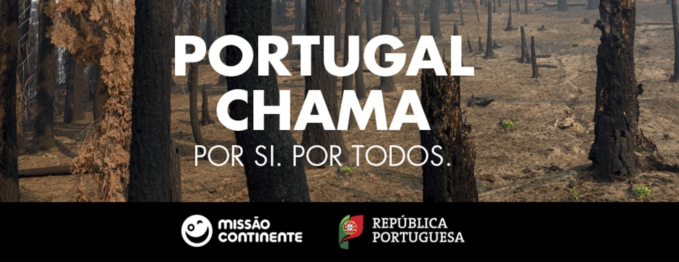 Imagem de floresta queimada com mensagem “Portugal Chama Por Si. Por Todos”